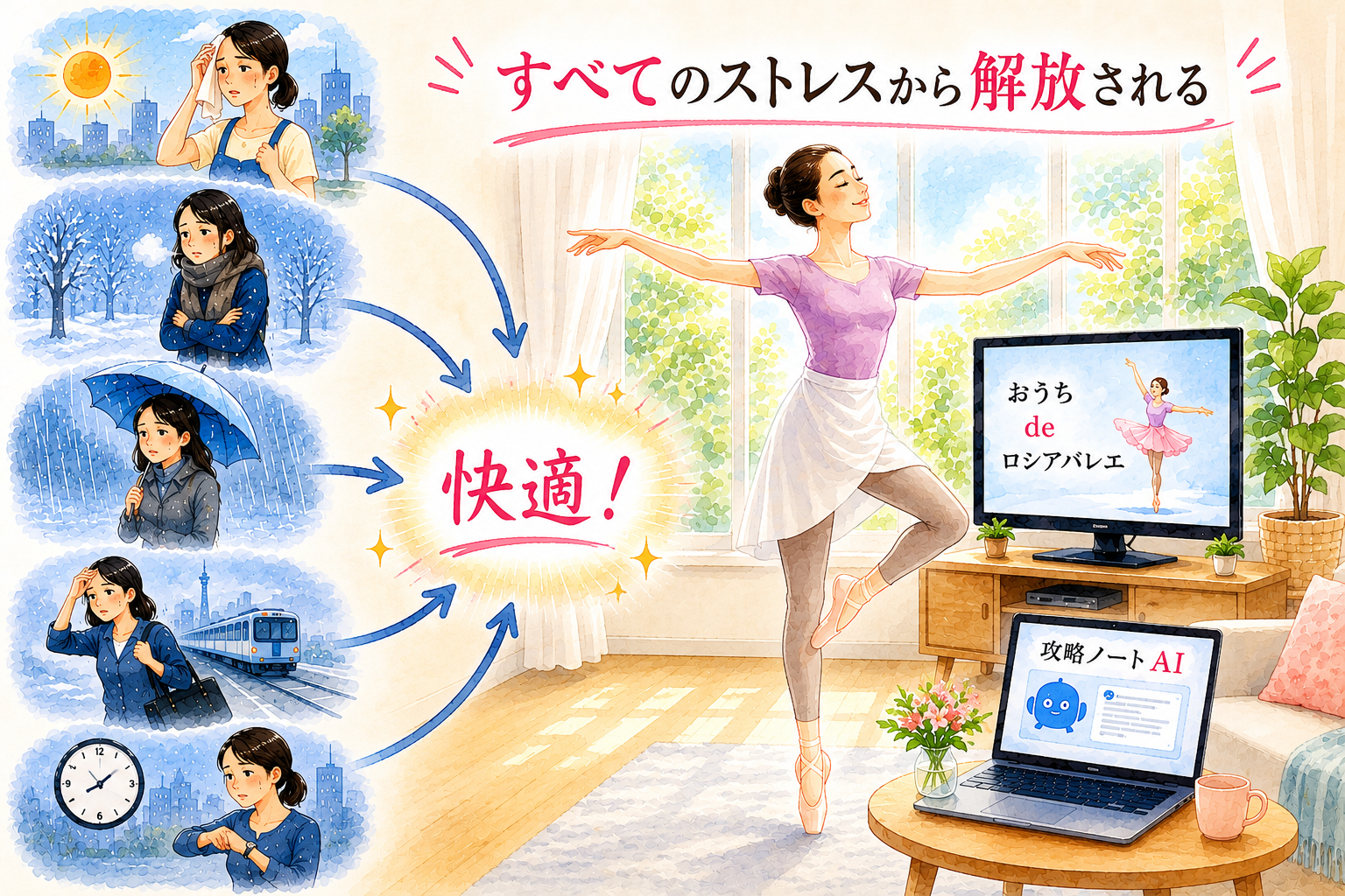 暑さ、寒さ、雨、遠さ、時間の制約から解放され、おうちで快適にバレエを学べるイメージ