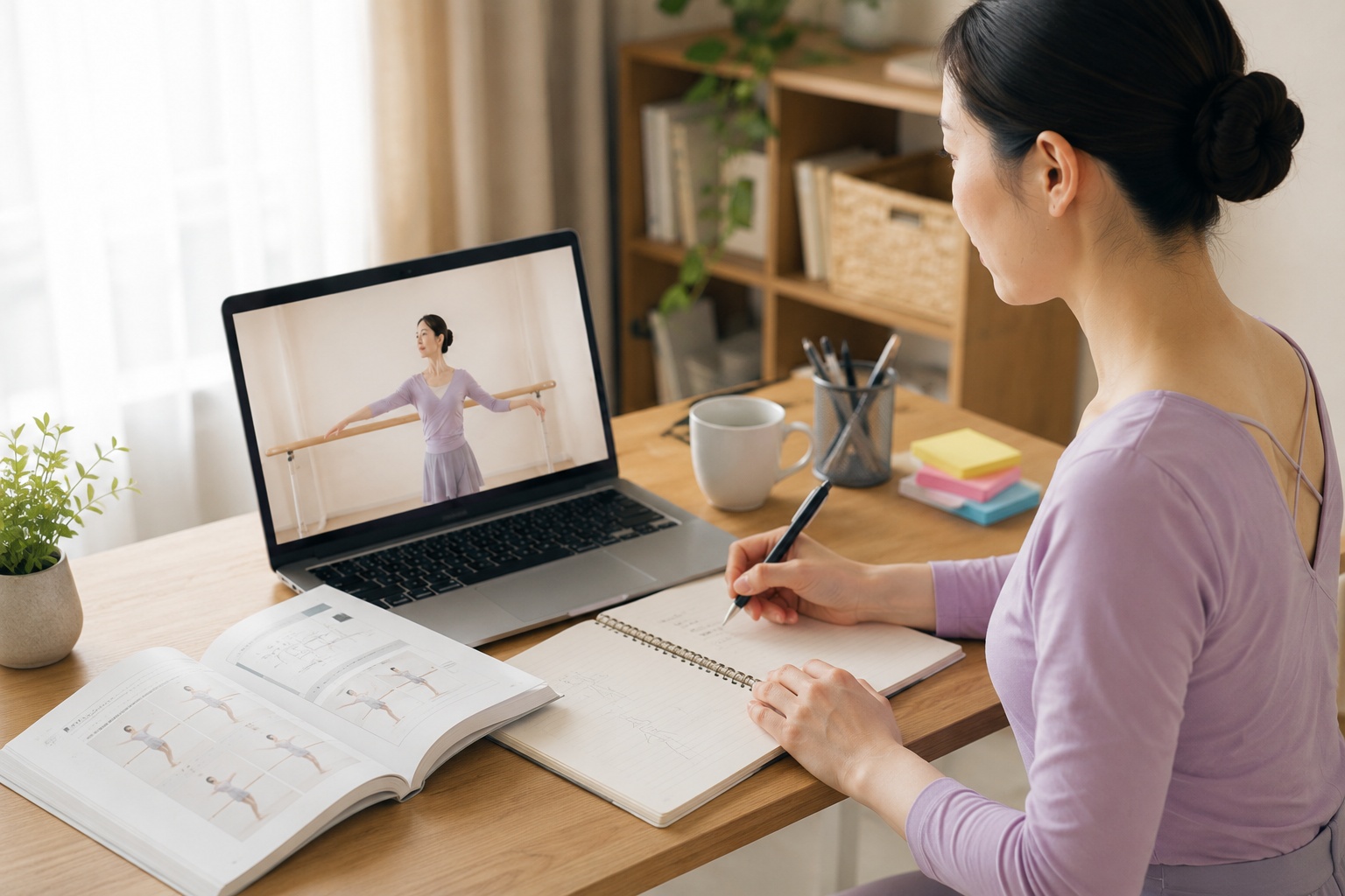 レッスン動画を見ながらノートで確認している学習場面